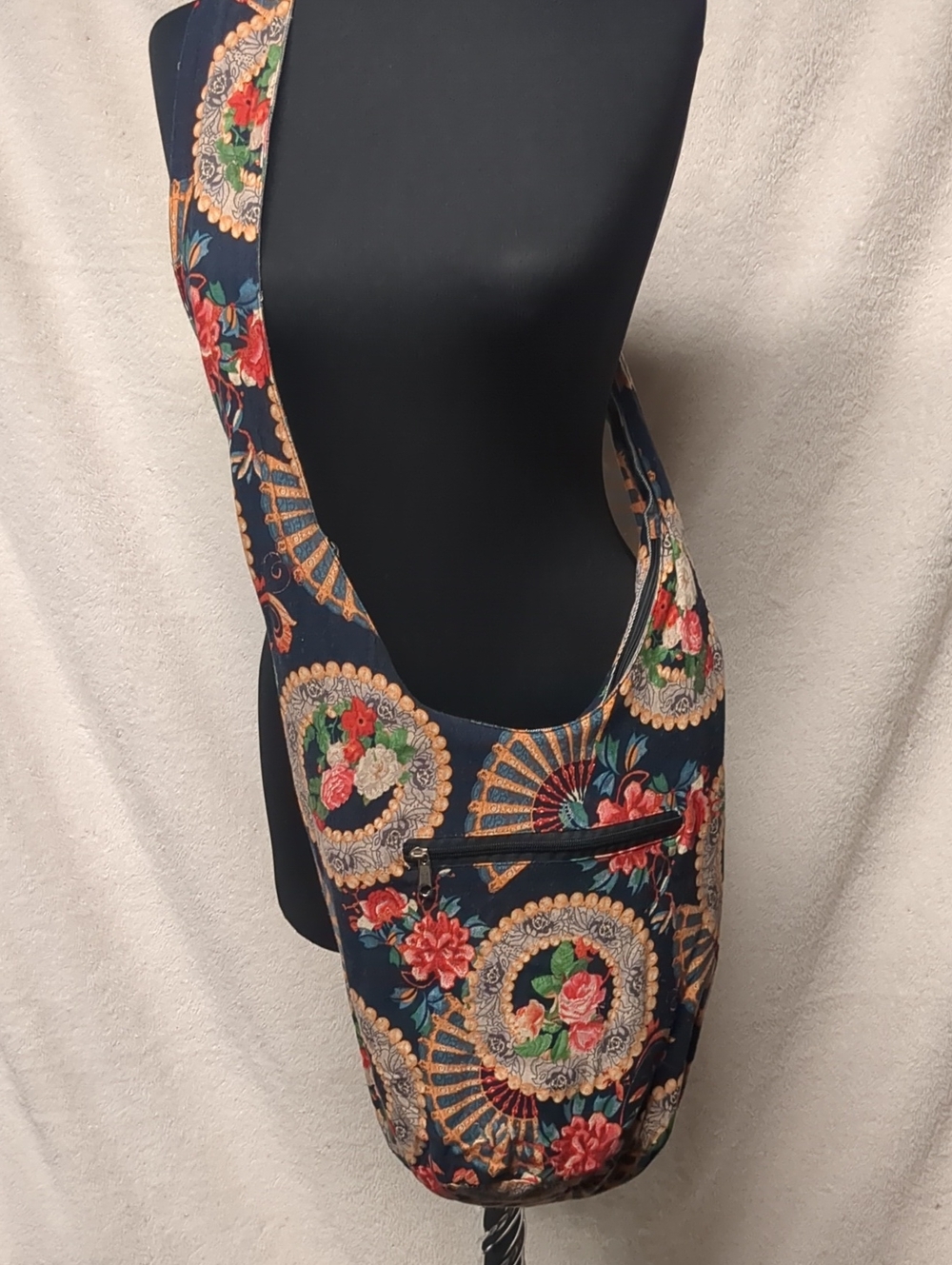 Navy Floral Sling Bag with Fan Medallion Print